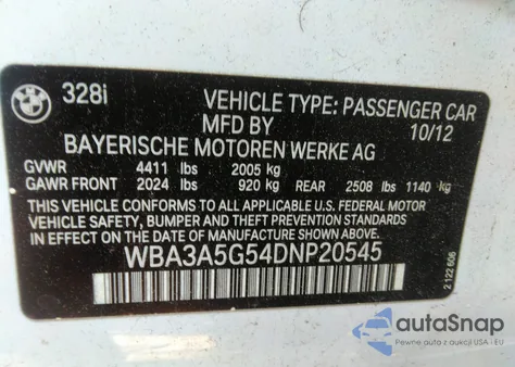 2013 BMW 328I from USA, damaged, VIN WBA3A5G54DNP20545